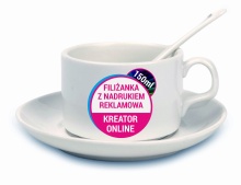 Biała filiżanka z talerzykiem i łyżeczką + nadruk ( filiżanki ) 